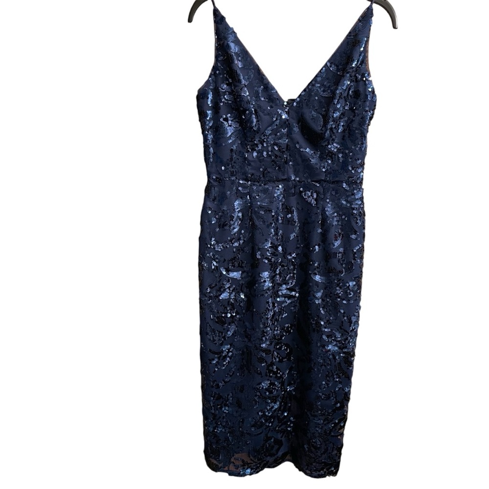 Elija J Navy Blue Sequins V Neck Strappy Navy Blue Midi Dress Size 2 EUC